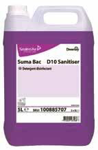 5 Litre, Case of 4 Code: 031501 2 Suma Bac D10 Concentrated liquid detergent sanitiser. For effective cleaning and sanitising of all surfaces in the catering environment. Easy and economical to use.