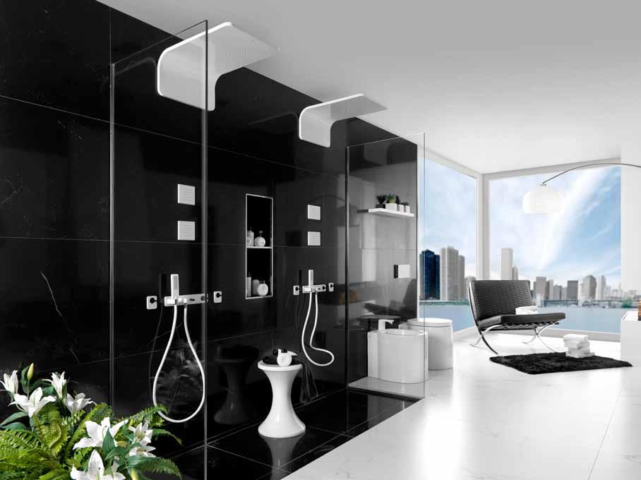 BATHROOMS SHOWER SETS Shower configuration LOUNGE - BLANCO Rain shower head with waterfall Concealed shower valve with diverter, shower hose, handshower and bracket Shower controls and shower jets
