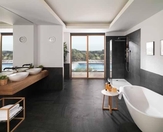 LOUNGE CROMO Floor mounted bath shower mixer Bathroom accessories BANQUETA K Technical porcelain floor KAOS BLACK NATURE 59,6x59,6 cm COLORSTUK ANTRACITA Wall Tiles KAOS BLACK NATURE 9,7x59,6 cm