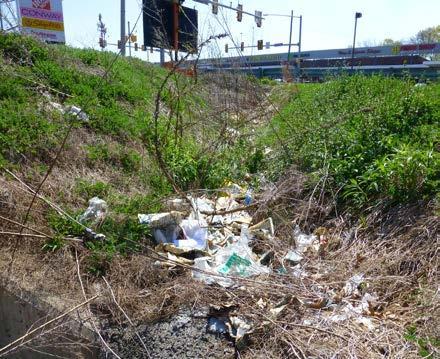 Photo RC3-3 shows the heavy litter build-up in the unlined drainage ditch by Shoppers Lane and Ogontz Ave.