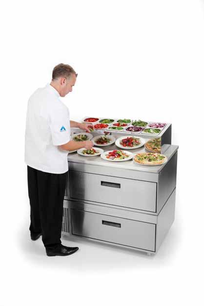 Saladettes provide counter convenience for dispensing ingredients for pizzas, salads and garnishes.