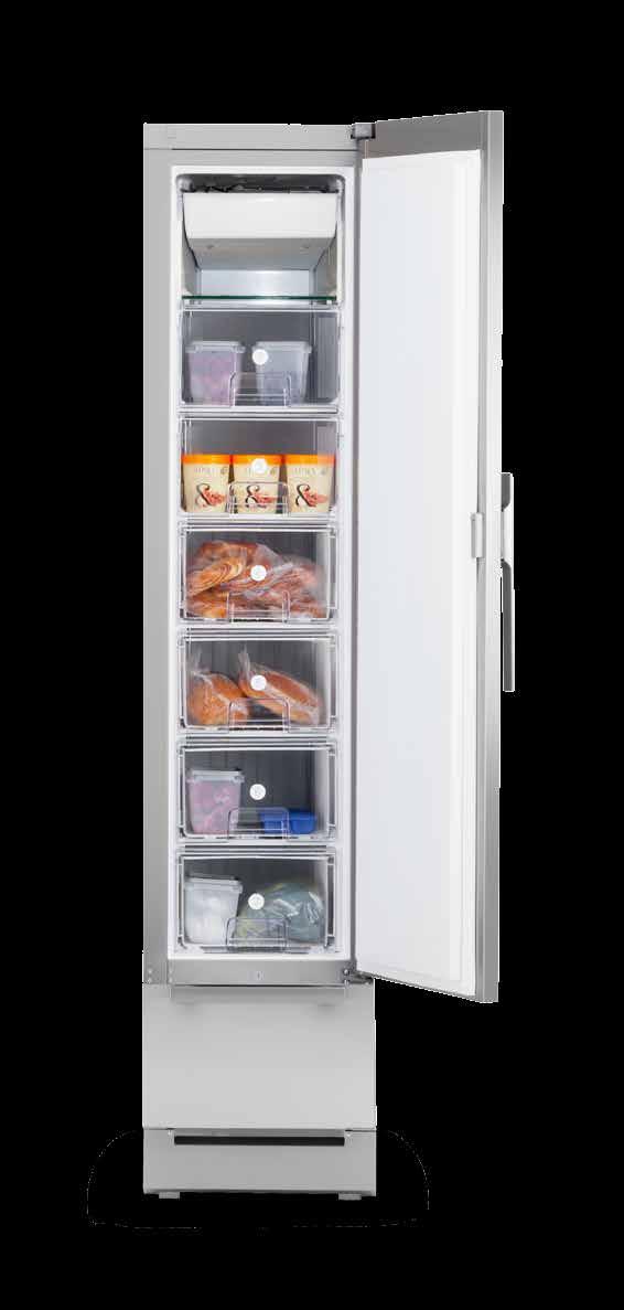 FREEZER A compact freezer fits into the smallest kitchen. A slim but full-height freezer allows products to be stored on shelves with two lifting hatches and in four freezer drawer boxes.