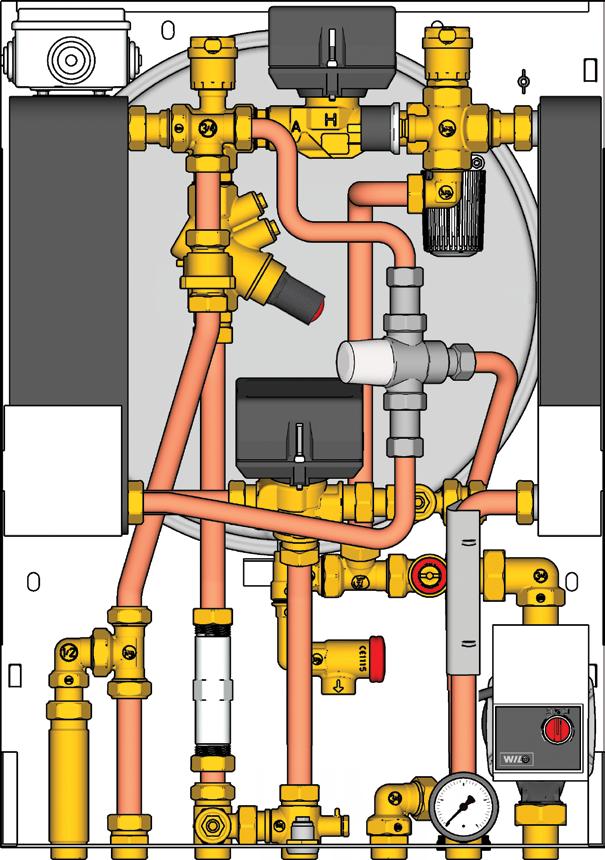 Double heat exchanger configuration in parallel (except GEY): priority on the production of domestic hot water with respect to the heating function.