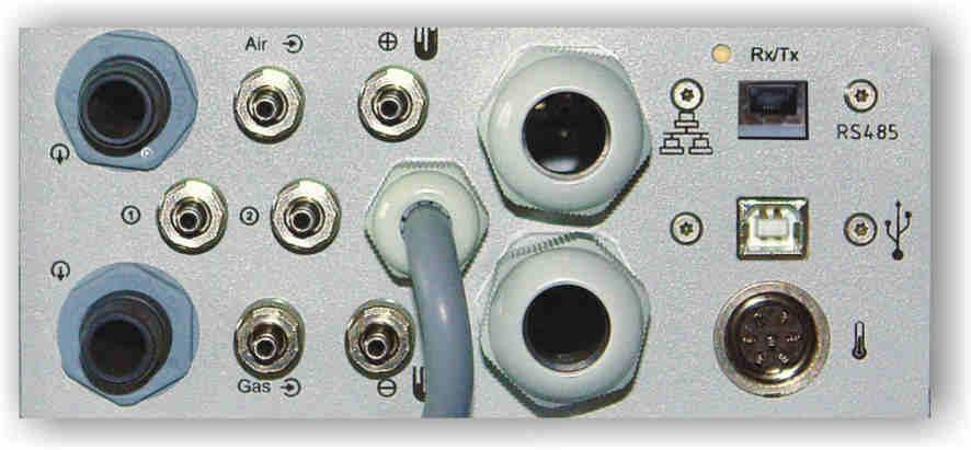 GAS AND ELECTRIC CONNECTORS (ANALYSER BOTTOM VIEW) CONNECTION PANEL FOR THE STANDARD CONFIGURATION WITH A SINGLE GAS CHANNEL CABLES PASS RS485 STATUS LED AIR INLET