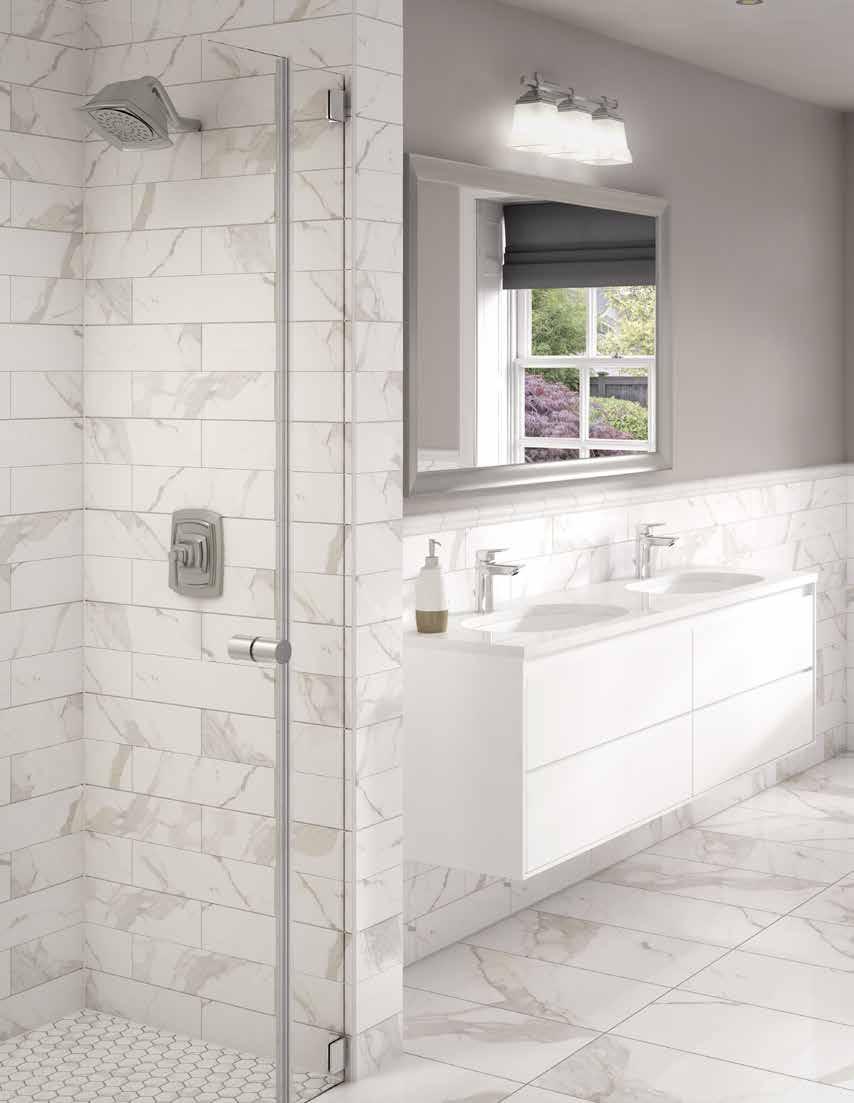STONE LOOK PORCELAIN Left: White Marble Porcelain Collection 4in x 16in on walls, 2in x 2in Hex Mosaic on shower pan and 12in x 24in on floor WHITE MARBLE