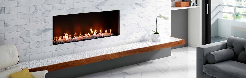 Above: White Marble Porcelain Collection 4in x 16in on wall, 1in x 6in Herringbone Mosaic on fireplace ledge and 12in x 24in on floor Stone LIGHT Relativity uniform in background color and veining.