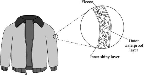 Q2. (a) The diagram shows a ski jacket that has been designed to keep a skier warm. The jacket is made from layers of different materials.