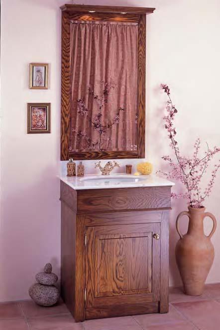 A Singleton two-door vanity unit in Natural Oak with a Giallo Veniziano granite top and splash-back