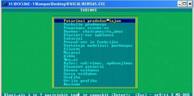 Pav. 2.7 Automatizuoto apmokymo kurso Turbo Pascal 6.0 turinys Kadangi ši programa sukurta 1993 m. ji yra pritaikyta MS-DOS, todėl yra valdoma tik klaviatūros pagalba.