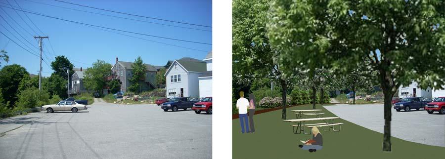 Machias Downtown Riverfront Master Plan 12 Reconfigure existing parking to create new park and picnic area Waterfront pathway Figure 9. Existing and proposed conditions of anchor site in the downtown.
