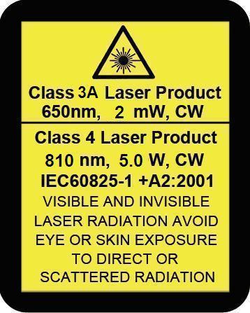 It warns of the radiation exposure hazard potential to eyes and skin. Laser Radiation warning Label (See Figure) Located at the top center of the front faceplate.