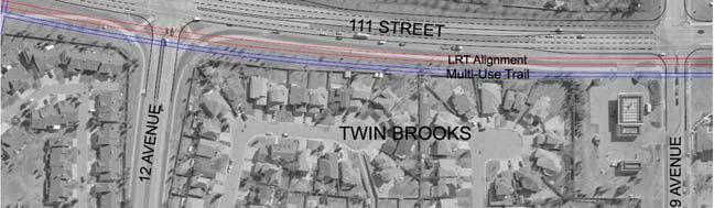 permits required 111 Street between Blackmud Creek and AHD Road will be realigned to the east LRT will run Parallel to 111 Street