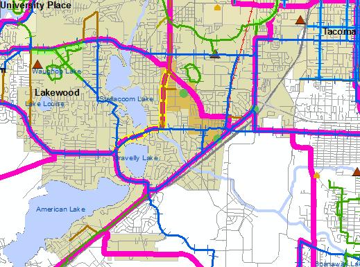 Pierce County Connection around Gravelly Lake: New construction on Gravelly Lake connects to Lakewood Center to the north but PC route only has sharrows on a 5