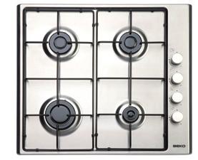4 burner gas hob with 3 different sizes FSD on all burners Enamel pan supports Automatic mains ignition Easy grip control