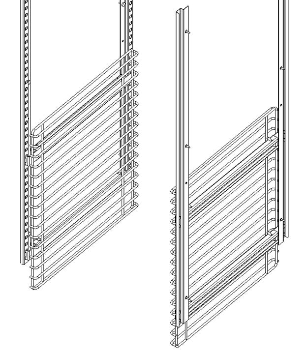 The racks are formed of heavy gauge metal wire. Each set of rack slides is mounted at the same height across a door section. Each rack uses two (2) mounting plates. 6.