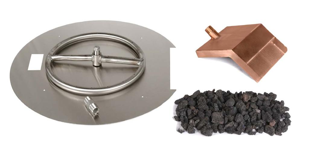 FIRE / FIRE & WATER BOWL WITH ELECTRONIC IGNITION Shown above are all components included in your fire & water bowls: Fire pan, Burner, Orifice (LP or NG), Scupper, Lava rock, Electronic Valve, Pilot