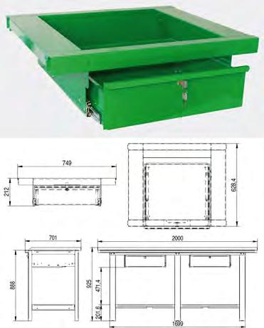 1 drawer for our machining benches and 2 meters Drawer guides. In tole painted in bright green colors ral6029.