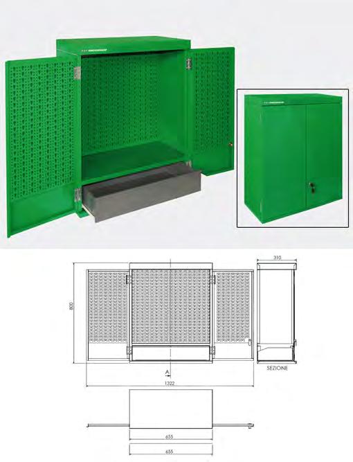 Wardrobe toolholders Painted sheet metal cabinet in the color green ral 6029 shiny. With 2 doors and gray ral 7011 internal drawer.