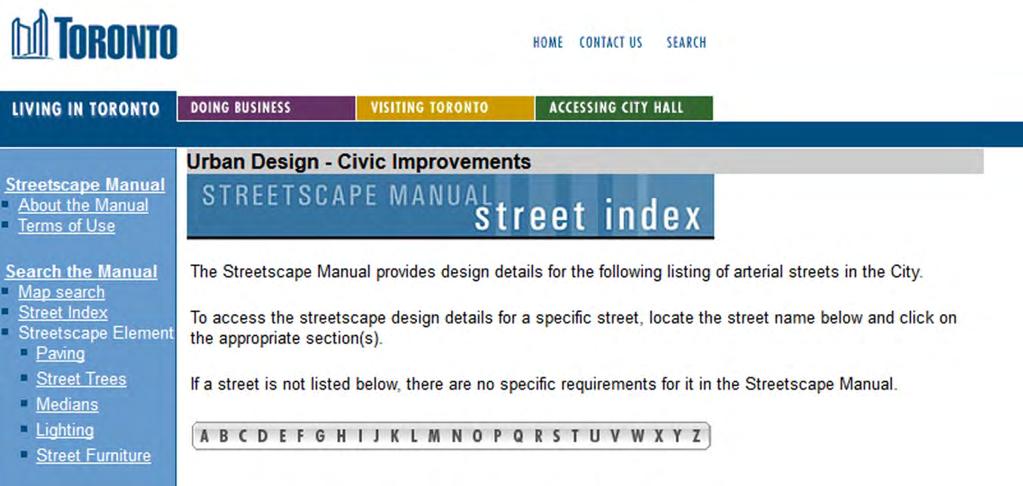 Streets and street segments included in the Streetscape Manual are listed in the Street Index in alphabetical