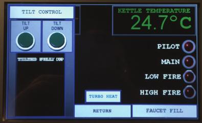 This screen allows user to control kettle tilt, cooking operation, water fill, turbo heat; and displays current product temperature in degrees Celsius, desired cooking