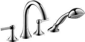 Basic set # 13550180 4-hole bath mixer with lever handles, with high spout, for installation on the tub rim Finish set # 37448000 4-hole bath mixer with cross head handles, with high spout for
