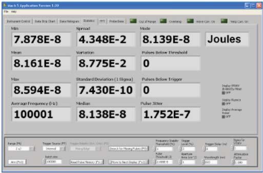 Statistics Display The Stats Display offers a complete set of useful energy readings and calculated values that include full statistics, frequency, mode, variation and pulse jitter.