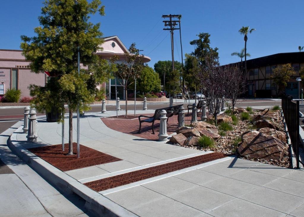 Street furnishings, such as litter receptacles, planters, benches, bollards, and bike racks that
