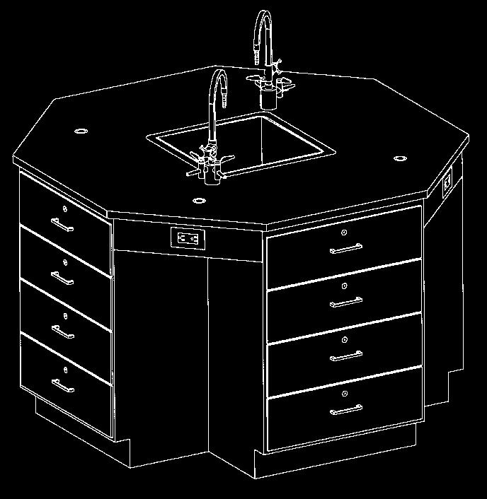 Accessories include two multi-service fixtures, 4 rod sockets and a 16 x 16 x 7 solid epoxy sink with strainer, stopper and trap. The center pedestal has a removable panel to access utilities.