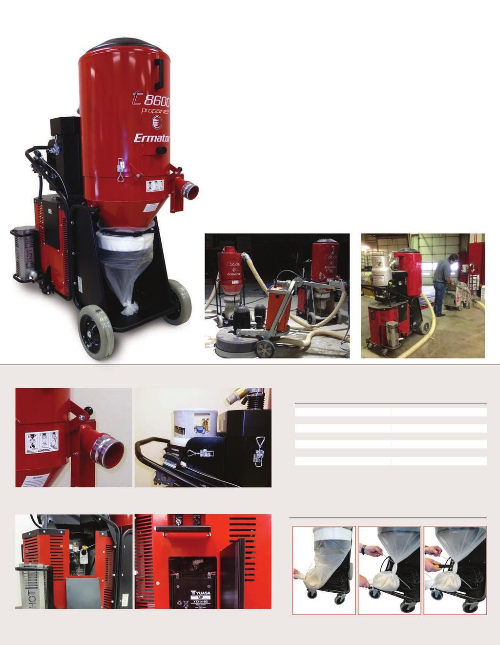 T8600 Propane HEPA Dust Extractor Creating Clean Air for Construction, Abatement, and Restoration With 18HP, 410 CFM and a 115 water lift the T8600 Propane is the strongest and safest propane vacuum
