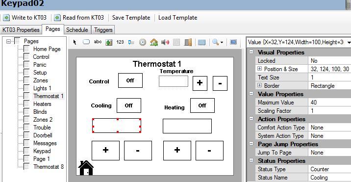 The KT03 Thermostat 1 page is seen below(in simulation Mode) Touching the On/Off button will toggle