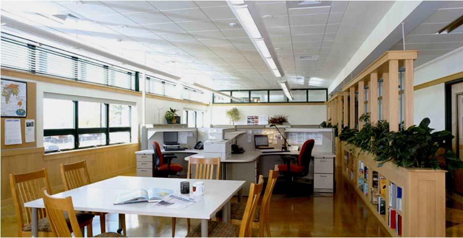 DAYLIGHTING DESIGN The south facing offices have a continuous row of 2 high daylighting windows between 8 and 10 from the floor, supplemented by view windows below.