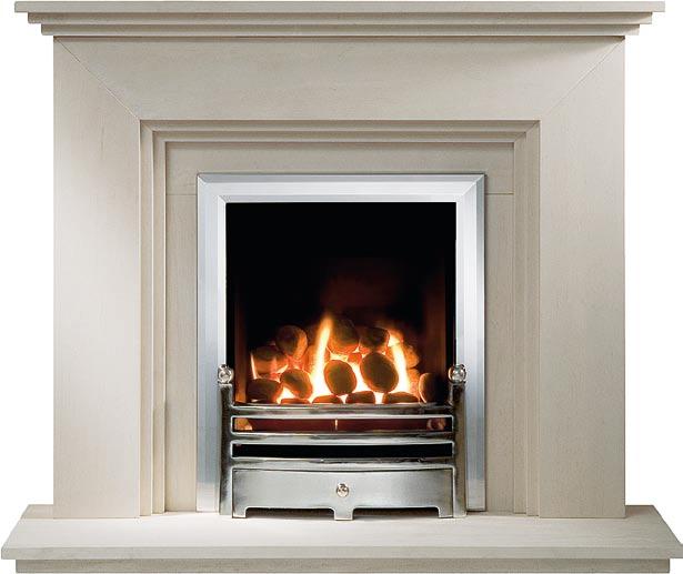 THE CRANBOURNE 44 SUITE Portuguese Limestone FIRE: DECORATIVE OPEN FRONTED GAS FIRE WITH PEBBLES, POLISHED TRIM & CHROME FINISH 18 BAUHAUS FRET, SLIPS & HEARTH: