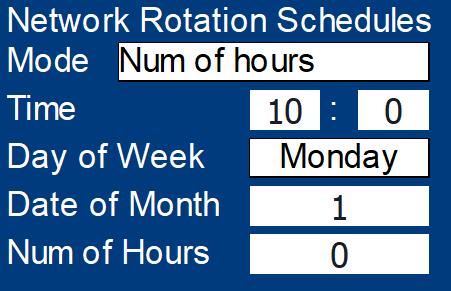 IP address Network rotation supports the following mode. Note that master unit is keeping track of all of the functions. Mode OFF Day of week Date of month Num.