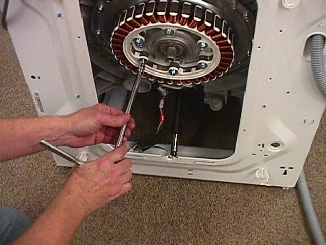 MOTOR When the rotor is removed, you can remove the stator. Loosen the six bolts holding it to the tub and lift it away. Be careful of the wiring.
