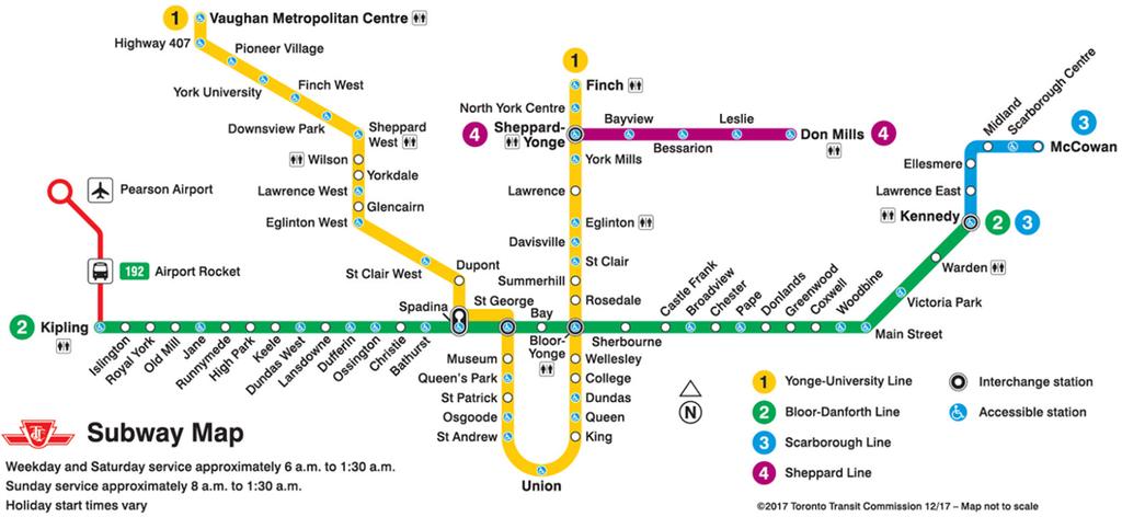 Figure 5-2: TTC Subway Network (Toronto Transit Commission, 2017) information on the Line 1 subway capacity improvement initiatives can be found in Section 5.1.2. Surface Transit The TTC streetcar and bus network provides local and express services, generally following the grid network within the downtown core.