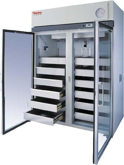 Upright blood bank refrigerators feature roll-out drawers and temperature recorders as standard. Model shown REB5004.