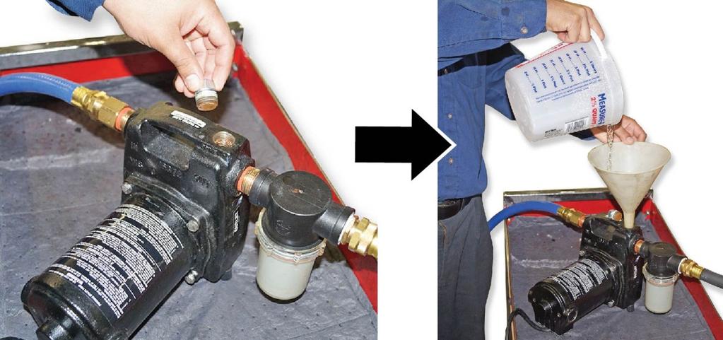 NOTE: Carefully follow the precautions listed on the CLR container. 8. Prime the pump before starting it by removing the bolt and adding a cup of water to the pump.