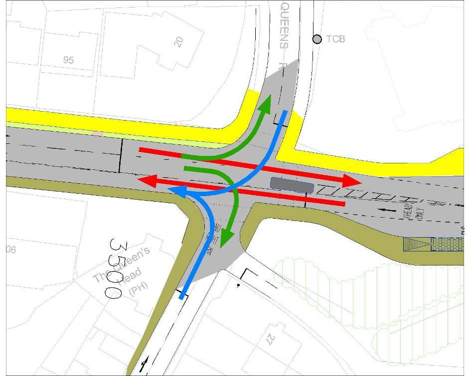 The Scheme connects with Queens Road to the east at a new signalised four arm junction. This junction has restricted traffic movements for traffic management reasons.