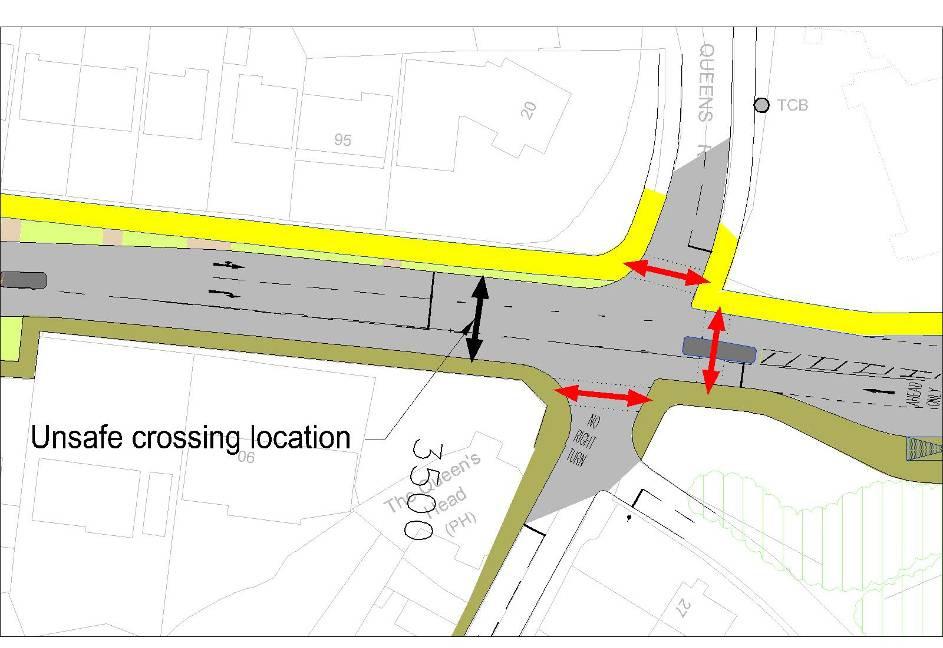 Figure 5.9: Queens Road junction Existing footpaths cross the reserved transport corridor between Queens Road and Hareclive Road linking the residential areas to the north and south.