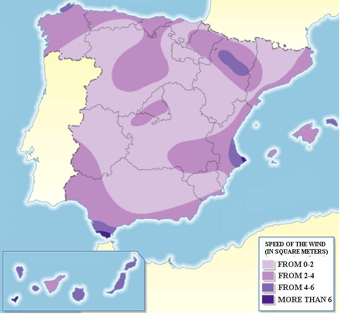 Distribution of the windy zones in Spain: In this case the wind zones in Spain are distributed as we can see above in this picture.