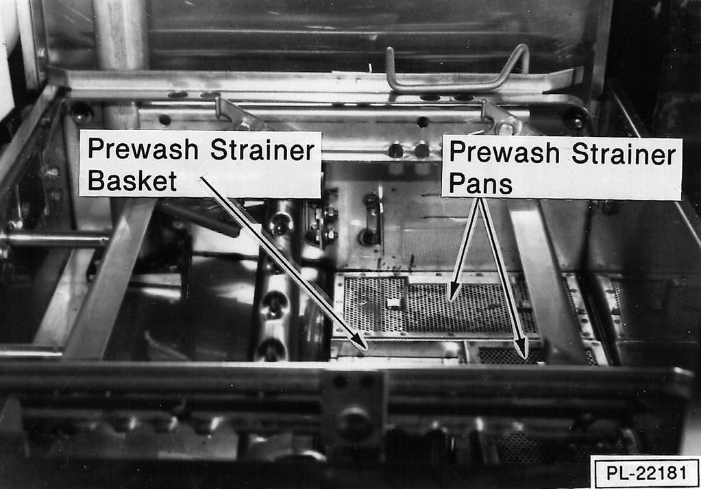 OPERATION PREPARATION Put the dishwasher strainer pans and strainer basket (see Fig. 3) into position in each dishwasher tank. Put the final rinse screen over the final rinse catch pan.