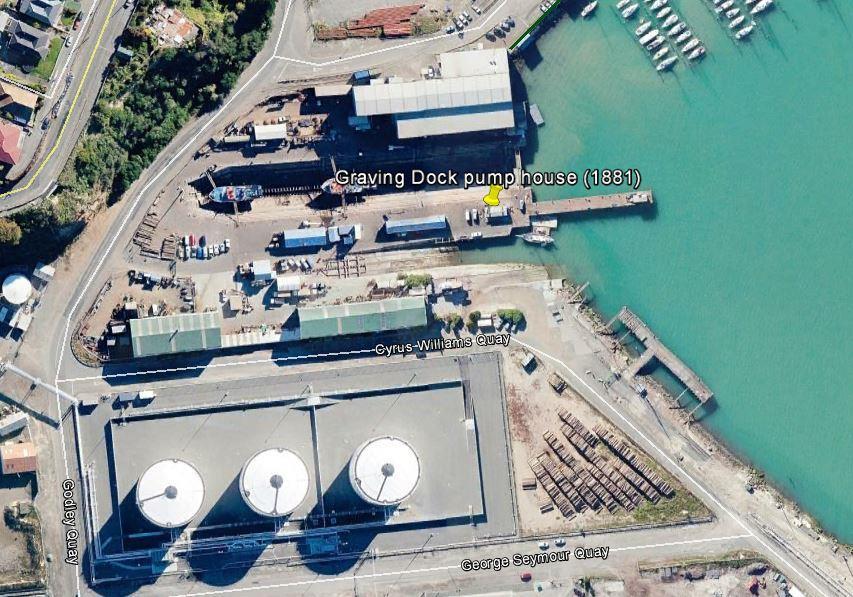 Figure 2. Location of the Lyttelton graving dock pumphouse (marked by the yellow pin). Image: Google Earth.