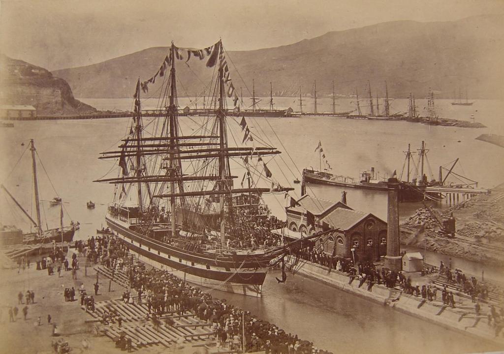 Figure 5. The graving dock and pumphouse when the Hurunui entered into the dock, 1883. Photograph courtesy of Hal Upton. The Lyttelton graving dock pumphouse was built in c.1881-82 (Rice 2004: 49).