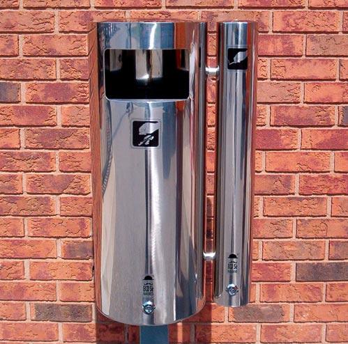 Ash & Trash Combo Unit A stylish Polished Stainless Steel Waste receptacle with attached Cigarette Disposal Unit.