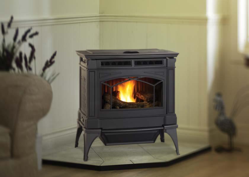 Hampton GC60 biomass pellet stove shown with ceramic log set.
