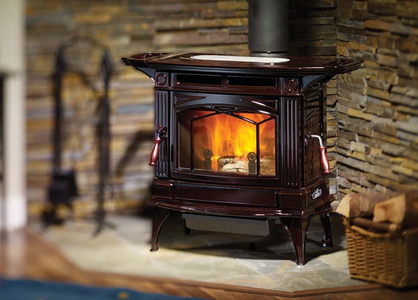 Hampton H300 large wood stove shown with optional side shelves in timberline brown enamel finish.