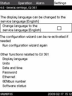 8. General settings, CU 361 8.1 Display language In this menu, the CU 361 display language is selected.