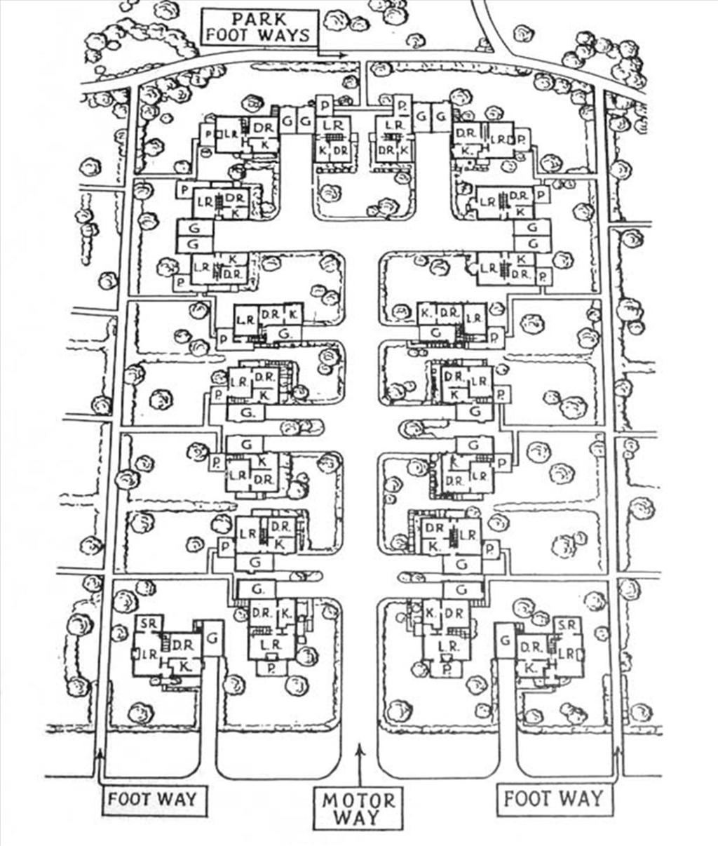 40 Figure 6: Stein s Radburn Plan Source: Urban Nature and City Design (2006) Gatti (1975) states that the genius of the Radburn Plan is apparent in the use of the small property