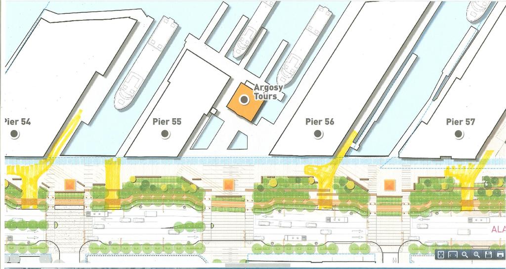 The SDOT plan moves the freight route arterial to the east side of the street and creates a super-sized boardwalk called Tideline Promenade.