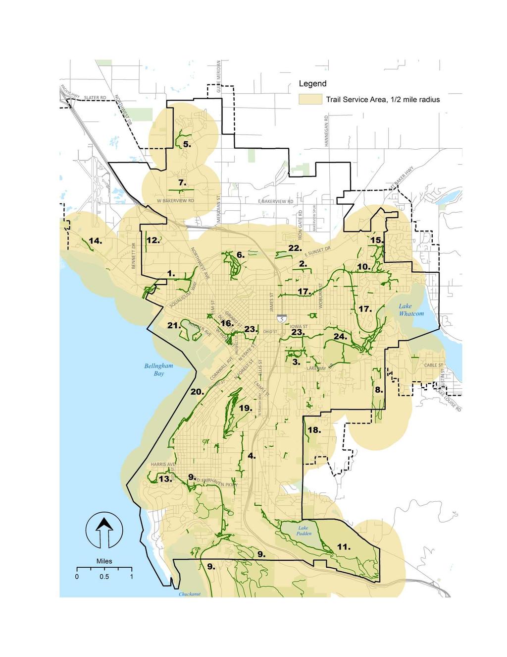 EXISTING FACILITIES PLAN TRAILS Trails 1. Bay to Baker Trail 2. Barkley Trail 3. Civic Athletic Complex & Salmon Woods Open Space Trails 4. Connelly Creek Nature Area Trails 5. Cordata Park Trail 6.
